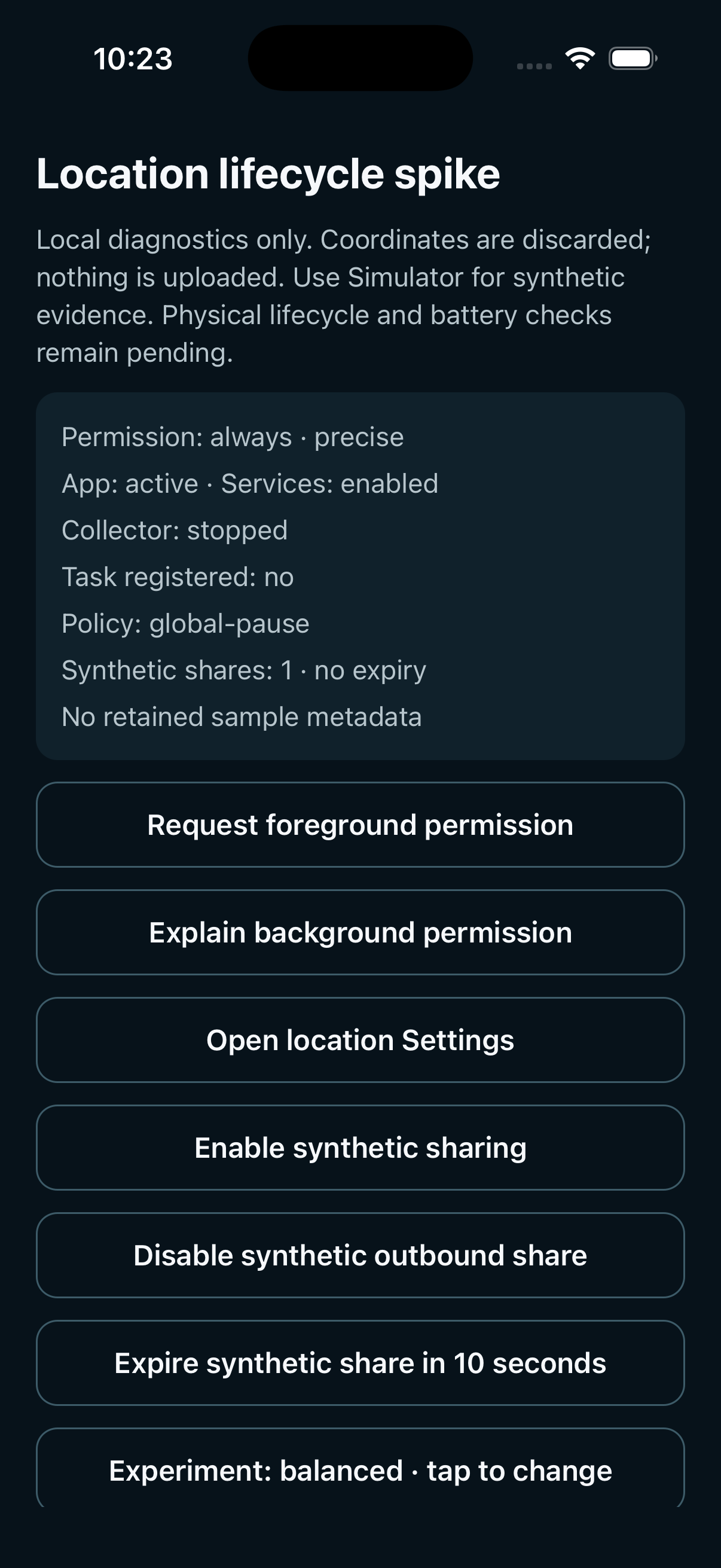 Beacon simulator evidence of a paused sharing state.