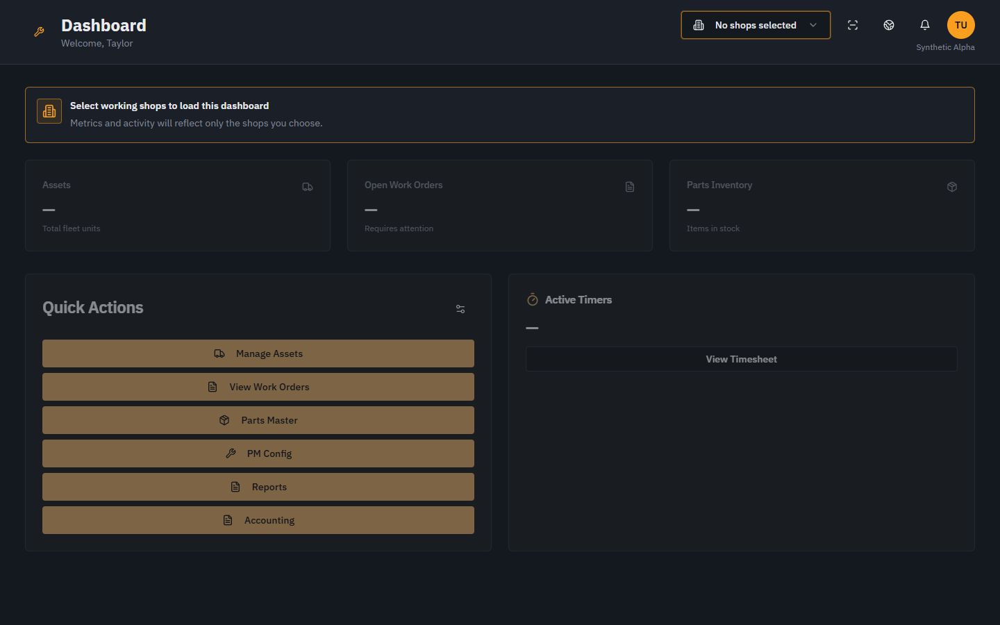 Historical Malpais empty dashboard with a context banner and highlighted shop selector.